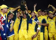 Ponting and his teammates celebrate Australia's 2003 World Cup triumph